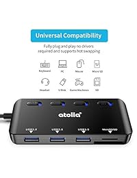 USB Hub,atolla USB 3.0 Hub with 3 USB 3.0 Ports and SD Micro SD Card Reader, Ultra Slim USB Splitter with Individual Power Switches and LEDs