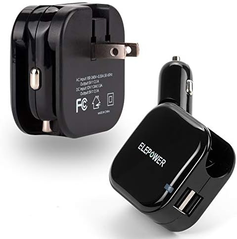 Wall Charger, Elepower [2 Pack] 2-in-1 Dual USB Port Car Charger Travel 2.1A Power Adapter with Foldable Plug Fast Charging for Apple iPhone/iPad, Samsung Galaxy, Kindle Tablet or Phone, Black