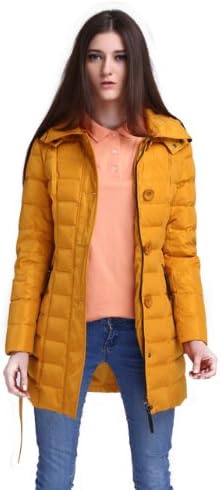 RUI-LI Women's Casual Outdoor Belted Fitted Mid Long Down Jacket Parka Yellow 3XL