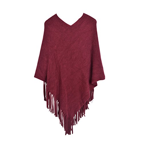 TrendsBlue Premium Solid Color Soft Knit Fringe Winter Poncho Shawl Wrap Cape, Burgundy