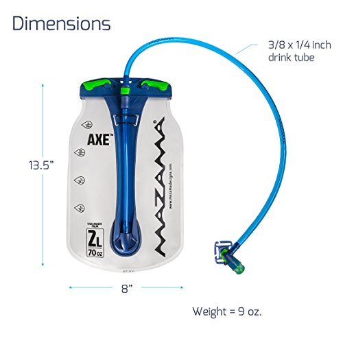 Mazama Designs Axe Topfill Hydration Bladder - Short 2 liter. BPA Free Replacement Bladder for Most Backpacks. Mfd. with USA Made Film - Great for Biking, Hiking, Running, Hunting, and Skiing.