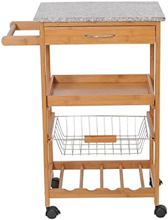 bamboo 31" Kitchen Trolley Rolling Cart Storage Shelf Island w/ Wine Rack Basket