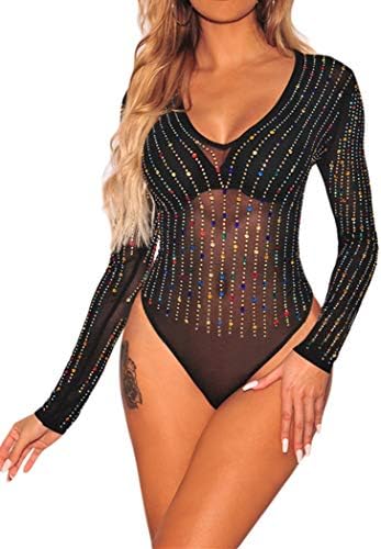 Joytoo Women Black Sheer Mesh Long Sleeve Jumpsuit Bodysuit Clubwear