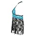 FENTI Women's Deep V Halter Turquoise Lace Trim Backless Babydoll and G-String