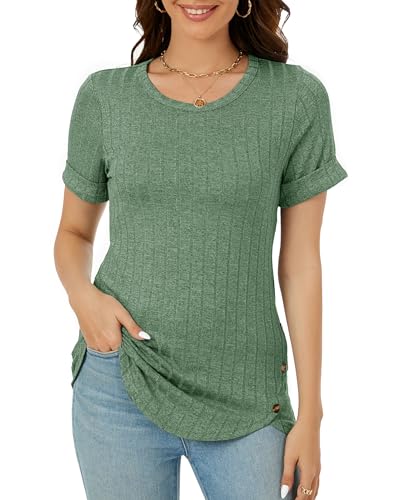 BELLADILA WOMENS SUMMER CASUAL CREW NECK SHORT SLEEVE TUNIC TOPS BUTTONS DRESSY BLOUSES TSHIRTS SHIRTS FOR WOMEN 2024 GREEN