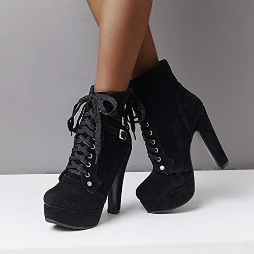 Susanny Women Autumn Round Toe Lace Up Ankle Buckle Chunky High Heel Platform Knight Suede Black Martin Boots 7.5 B (M) US - Thumbnail 4