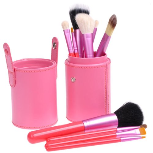 Cosmetic Makeup Brush Kit 12 Pcs with Leather Cup Holder Pink Cup Pink