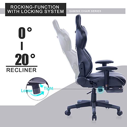 Blue Whale Gaming Chair with Adjustable Massage Lumbar Pillow,Retractable Footrest and Headrest -Racing Ergonomic High-Back PU Leather Office Computer Executive Desk Chair 8239Grey