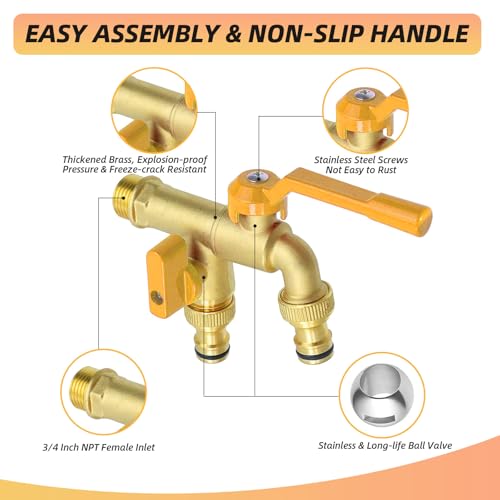 Double Garden Tap, 1/2-inch Garden Tap with Two 3/4-inch Brass Outdoor tap, Dual Ball Valve outlets with Dual Hose connectors, Rust-Proof and Freeze-Proof，Suitable for Gardens and Home Industries
