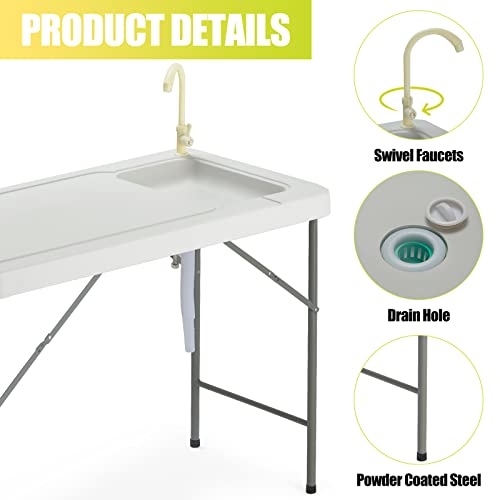 AVAWING Outdoor Fish Cleaning Table w/Sink, Folding Fishing Camping Table w/Faucet and Drain