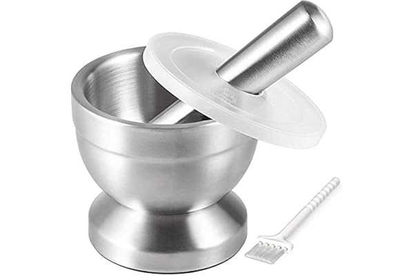 Tera 18/8 Stainless Steel Mortar and Pestle with Brush,Pill Crusher,Spice Grinder,Herb Bowl,Pesto Powder 250ml