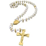INBLUE Men,Women's Stainless Steel Rubber Pendant Necklace Gold Tone White Virgin Mary Jesus Christ Crucifix Cross Rosary 26 Inch Chain