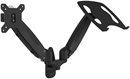 OLLO: Twin Wall Mounted Gas Spring Monitor Mount with Laptop tray, Snap-on quick Head, +90º/-85º Tilt, 180º Rotation, 0-18 Lbs. Each Arm, Black, Fits Most 15-27" (WA-2L)