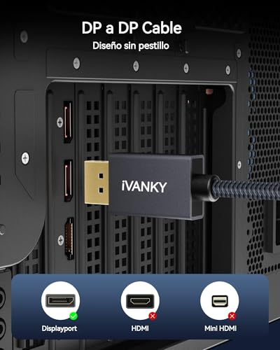 Cable DisplayPort certificado VESA, IVANKY Cable DP (2m/6.6ft, 4K@60Hz, 2K@144Hz, 2K@165Hz, Nylon Trenzado), Cable Displayport a Displayport de Alta Velocidad Compatible con PC, Laptop, TV - Gris