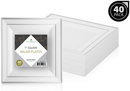 Disposable Plastic Salad Plates - 40 Pack Hard Square 7” Plate with Elegant Silver Double Trim for Wedding, Birthday, and Party - by Elite Selection