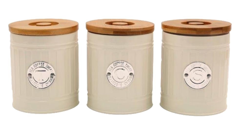 Sifcon International plc 3 x Retro Vintage Classic Enamelware Kitchen Canisters - Round TEA/COFFEE/SUGAR Caddy/Storage Tins with Wooden Lid - CREAM/SILVER - 14 cm