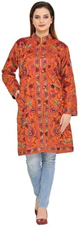 The MadhuSudan Gallery Women's Kashmiri Silk Coat Jacket Crewel Hand Embroidered Chinar Work (PA-26, Free Size)