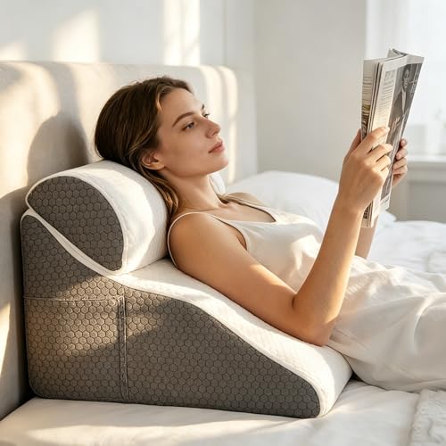 Strixorn Reading Pillow for Bed and Sofa, Curved Wedge Pillow with Memory Foam, Ergonomic Backrest, Reflux Pillow, Washable Case, Reflux Pillow for Adults, 50x50x30cm