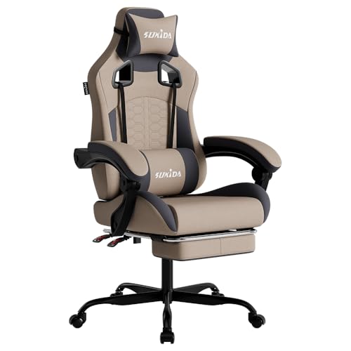 SUKIDA Gaming Stuhl, Ergonomischer Gaming-Stuhl mit Fußstütze, Racing Gaming Chair Kopfstütze Verstellbarer Computerstuhl Höhenverstellbar Lendenwirbe