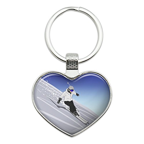 Skiing Down Mountain Skier Snow Skis Heart Love Metal Keychain Key Chain Ring