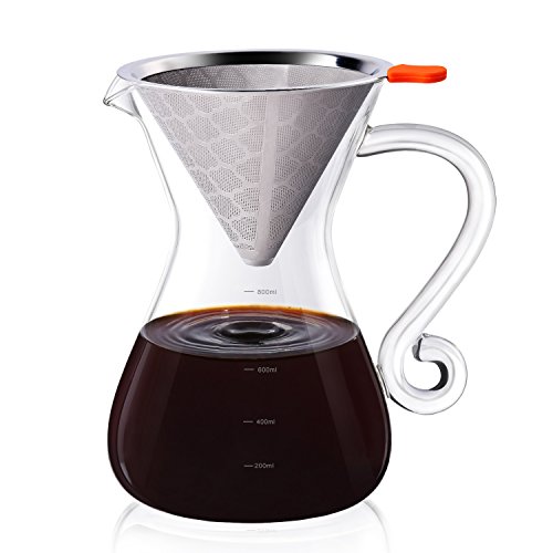 Click Here to See More Images Pour Over Coffee Maker, 2 in 1 Pour Over Coffee Dripper Glass Coffee Maker with Reusable Stainless Steel Coffee Filter and BPA-Free Borosilicate Glass Carafe by E-PRANCE (2-4 Cups/800ml)