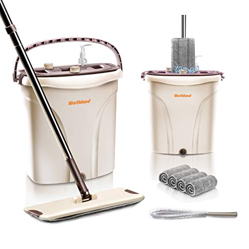 Worthland Flat Squeeze Mop and Bucket Set with 4 Reusable Microfiber Pads, Hands Free Mop System