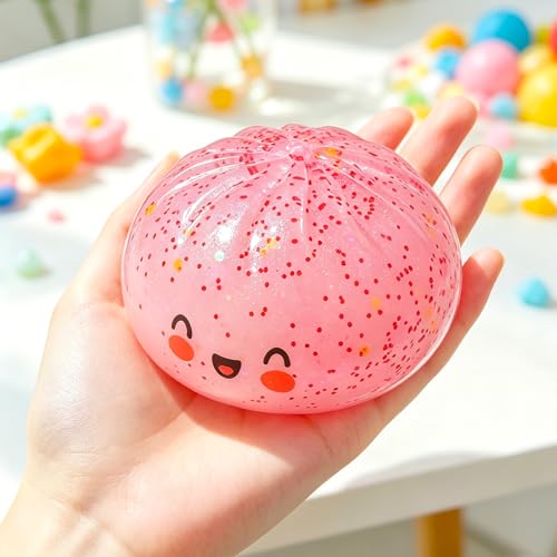 Glitter Squishy Dumpling, Glitter Squishy Dumpling Box, Adult Dumplings Squishy, Anxiety Relief, Adult Soft Squeeze Decompression Dough(Transparent Pink)