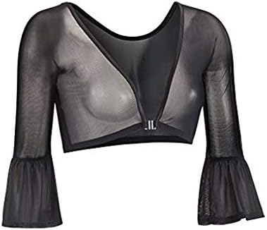 Gallity Women Both Side Wear Half Flare Sleeve Blouses Plus Size Seamless Arm Shaper Sheer Top Mesh Shirt (2XL, Black)