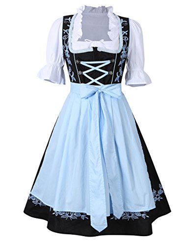 KoJooin Women's 3 Pieces Costumes Embroidery Oktoberfest Dirndl Dress Black-Blue 34