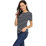 POGTMM Women Black And White Striped Short Sleeve T-Shirt Tops Slim Fit Stripes Tee (S, Navy Blue)
