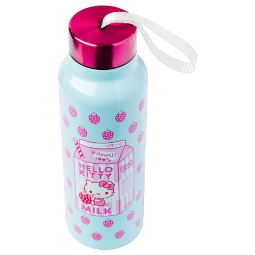 Silver Buffalo Sanrio Hello Kitty Strawberry Milk Stainless Steel Water Bottle with Strap, 27 Ounces
