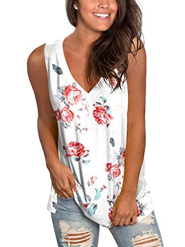 SAMPEEL Womens Tank Tops V Neck T Shirts Sleeveless Tops Floral Side Split Tanks - Image 3