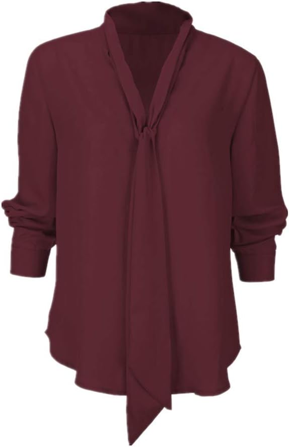 Womens Solid Long Sleeve V-Neck Fancy Tie Chiffon Office Shirt Elegant Tops