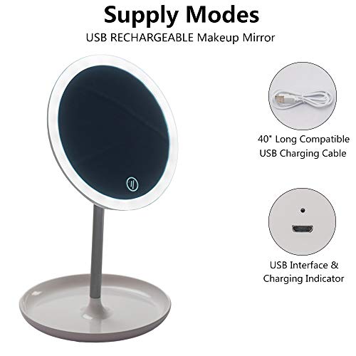 YEAKE Makeup Vanity Mirror with LED Lights,360Â°Rotation TouchScreen Switch USB Rechargeable Mirror for Countertop Cosmetic Makeup