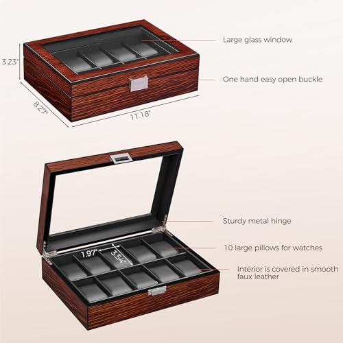 BEWISHOME Watch Box -10 Slot Wooden Watch Cases for Men Watch Storage with Real Glass Top, Mens Watch Organizer Holder with Removable Pillows, Smooth PU Leather Interior, Brown SSH10Y
