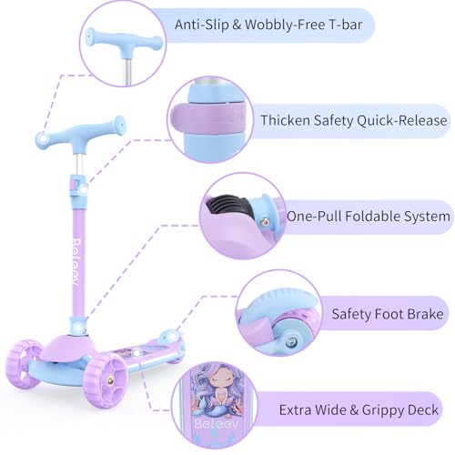 BELEEV A9 Kids Scooter with LED Light-Up Wheels & Deck, 3 Wheel Foldable Kick Scooter for Toddlers Boys Girls Ages 3-12, Adjustable Handlebar, Lean-to-Steer, Extra-Wide Wheels