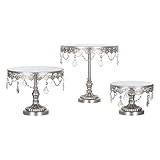 Amalfi Decor Cake Stand Set of 3 Pack, Dessert Cupcake Pastry Candy Display Plate for Wedding Event Birthday Party, Round Metal Pedestal Holder with Crystals, Silver