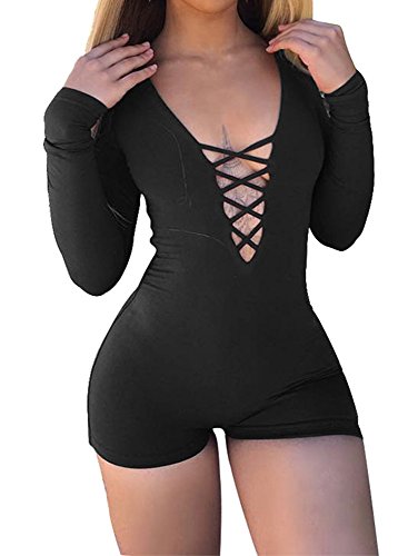 TOB Women's Sexy V Neck Long Sleeve Lace Up Romper Bodycon Club Jumpsuit Black