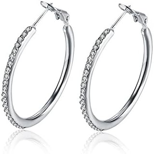 Hoop Earrings,35mm Cubic Zirconia White Gold Stainless Steel Hoops for Women Girls