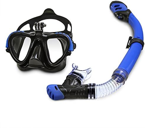 Dolfino Pro Capture Silicone Mask Snorkel Combo Dual Lens Tempered Glass Go Pro Compatible Goggles, Blue