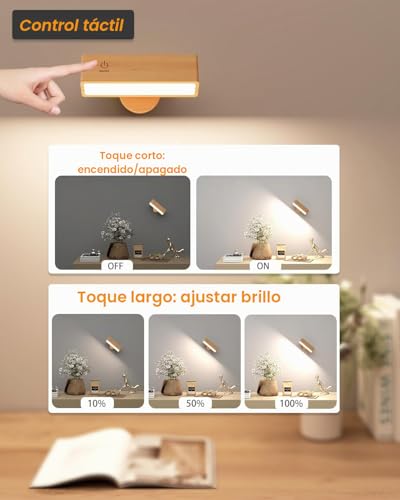 DetarZinLED Wall Lamp with USB Charging Battery, Rechargeable Bedside Lamp, Adhesive Interior Wall Lamps for Bedroom without Cable (Beech Wood, 2 Pcs)