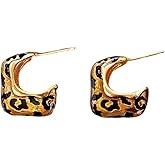 Chunky Leopard Print Open Hoop Statement Earrings for Women Gold-Tone Boho Trendy Black Enamel Vintage Tortoise Shell Thick Drop Dangle Sterling Silver Post Stud Retro Fashion Jewelry Gifts for Her