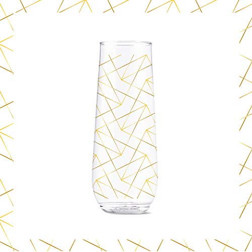 TOSSWARE-POP-9oz-Flute-Linear-Gold-Series-SET-OF-6-Recyclable-Unbreakable-Crystal-Clear-Plastic-Printed-Champagne-Glasses