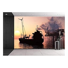 Silhouette Tanker and Plant for The Extraction of Oil. - Removable Wall Mural | Self-Adhesive Large Wallpaper - 66x96 inches