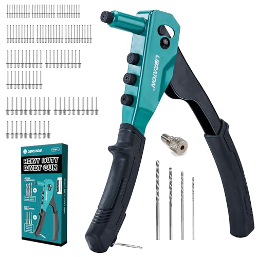 Libraton Professional Rivet Pliers, Pop Riveter, Blind Rivet Pliers, Manual Rivet Gun, Riveting Tool with 120 Blind Rivets, 4 HSS Drills, 4 Interchangeable Nozzles Without Tool