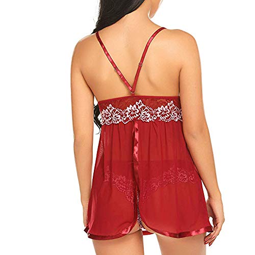 Kaitobe Sexy Lingerie for Women for Sex Ladies Lingerie Lace Patchwork Split Babydoll Teddy Sleepwear Sheer Chemise Red