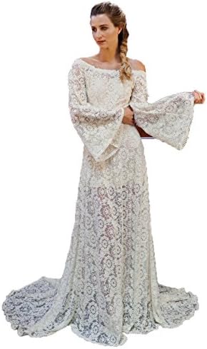 MileyHouse Women's Lace Bateau Long Sleeves Bohemian Bridal Wedding Dresses 2017