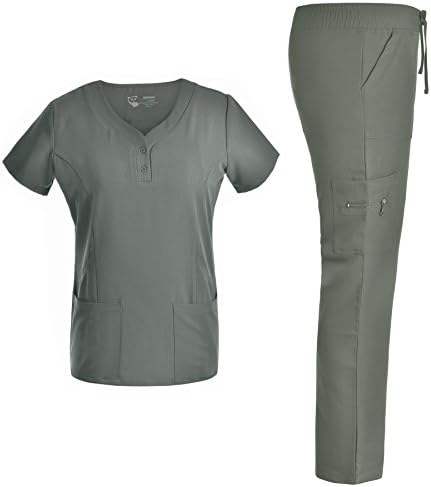 Stretch Scrubs set Modern Fit ¨C Pandamed Nursing Women Scrubs with Buttons TRS3107 (PEWTER, 2XL)