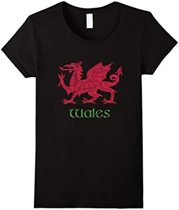 Womens Wales Dragon T-Shirt Vintage Welsh Flag Tee Medium Black