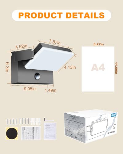 ledmo 60 W LED Outdoor Wall Lights with Motion Sensor Black Warm White 3000 K | 360° adjustable angle, wide lighting, robust and durable, IP65 waterproof design, outdoor/indoor, easy to manage